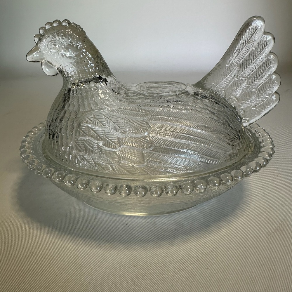 Vintage Indiana Glass Clear Hen on a Nest Candy Dish Bowl with Lid